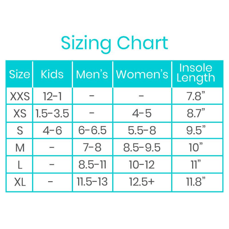 Sizing chart for shoes with size categories, age ranges, and insole lengths.