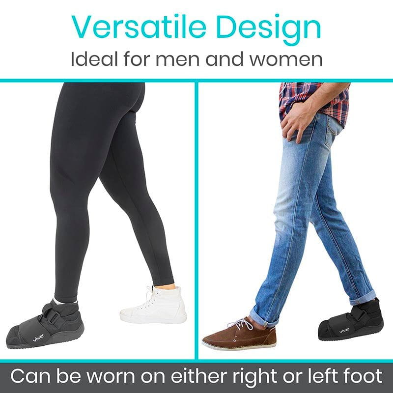 Two people wearing shoes with text about versatile design and suitability for men and women.