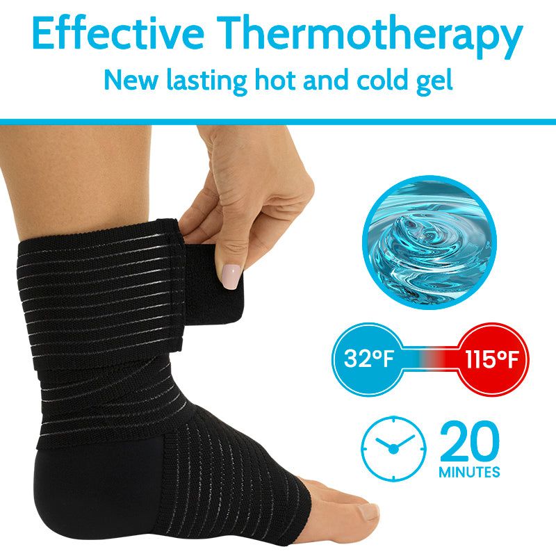 Black ankle support with hot and cold gel pack, showing temperature range and duration.