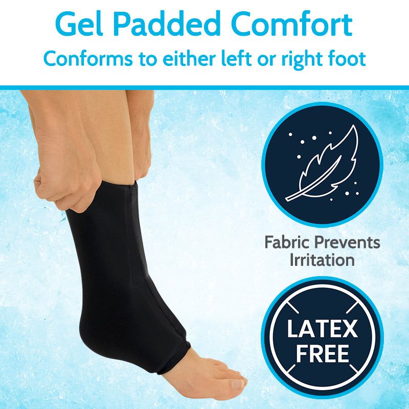Gel padded comfort sock with text about conforming to either foot, preventing irritation, and being latex-free.