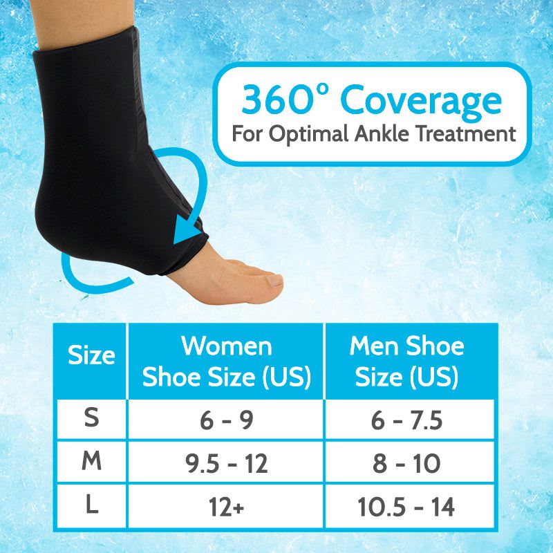 Ankle support brace with size chart on a blue background