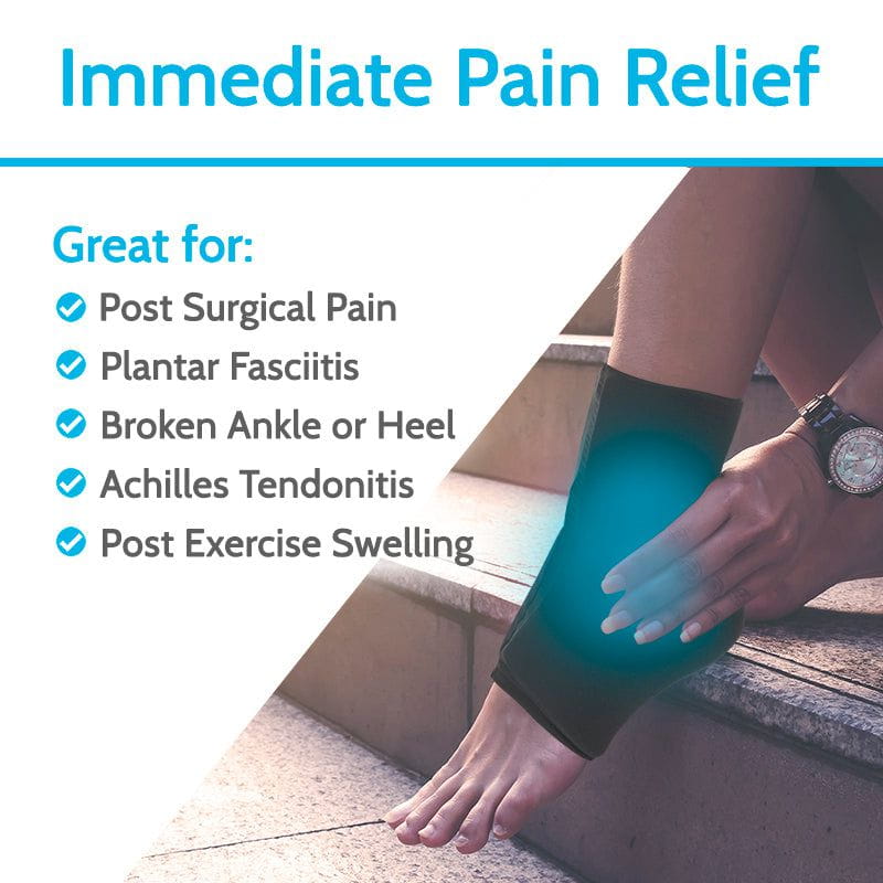 Person wearing a compression sleeve on their leg with text about immediate pain relief for various conditions.