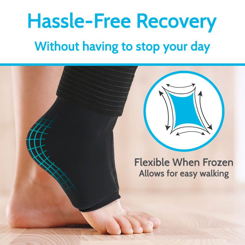 Leg wearing a black compression sleeve with text about hassle-free recovery and flexibility.