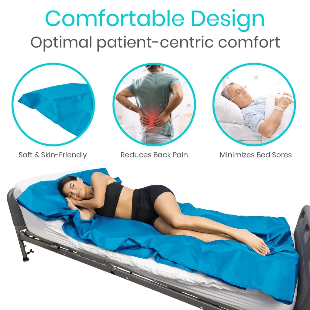 Person lying on a bed with blue bedding, highlighting comfort features.