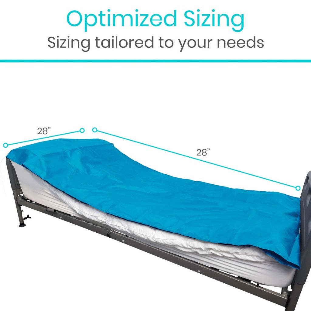 Bed with blue mattress cover and measurement text indicating optimized sizing.