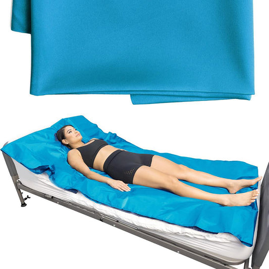 Woman lying on a blue mat with a blue curtain above, on a white background