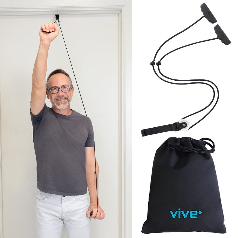 Man using resistance bands with a close-up of the bands and carrying bag labeled 'Vive'.