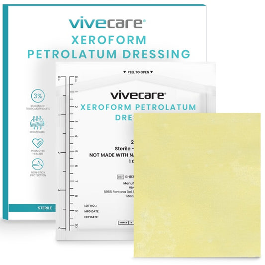 Vivecare Xeroform Petrolatum dressing packaging with a yellow pad on a white background