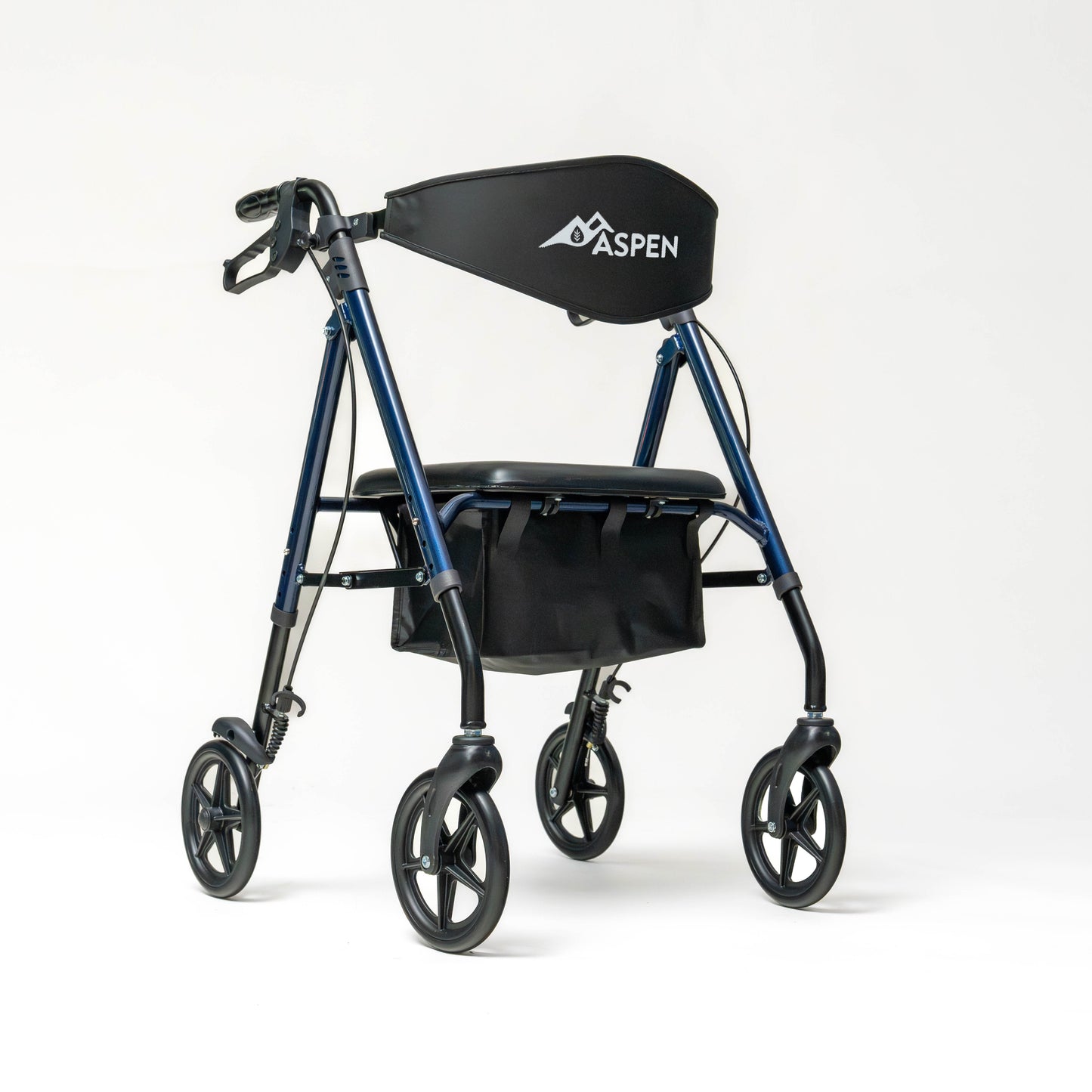Blue walker with black seat and bag on a white background, featuring the Aspen brand logo.