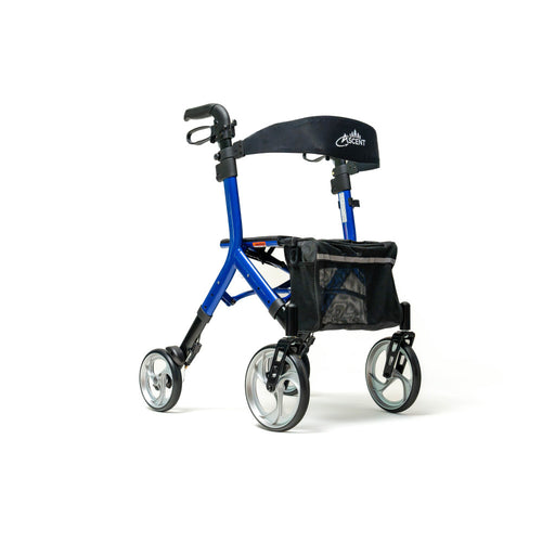 A blue and black rollator walker with three wheels, a black padded backrest, and a front storage basket, shown on a white background.