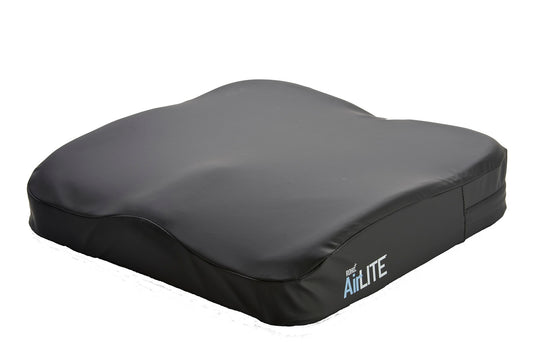 Black cushion with 'Airlite' branding on a white background