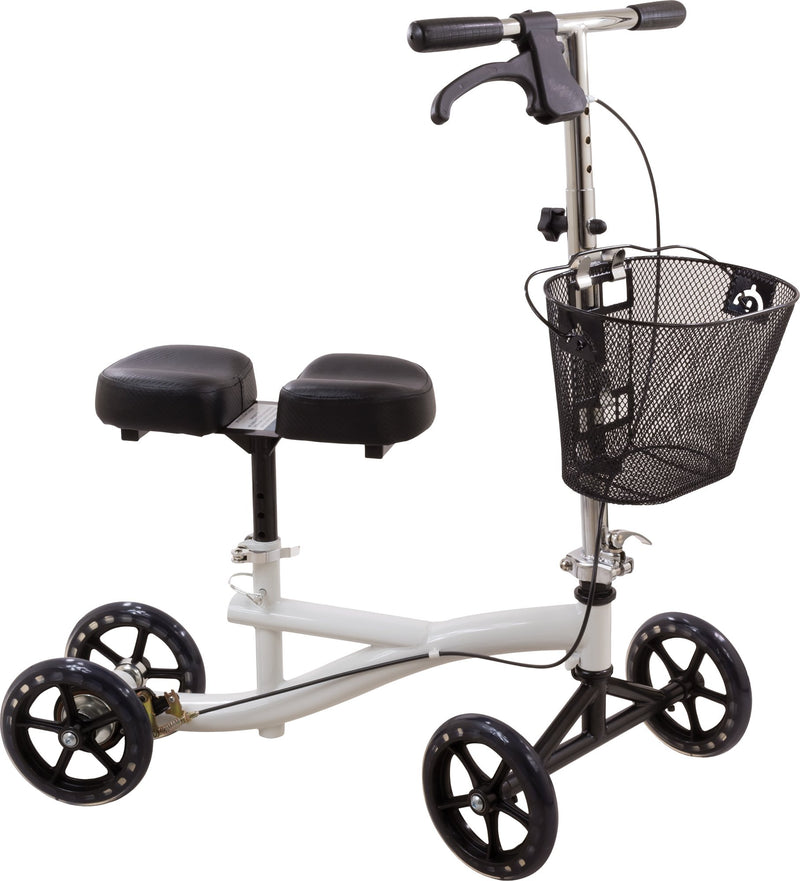 White knee scooter with black seat and basket on a white background