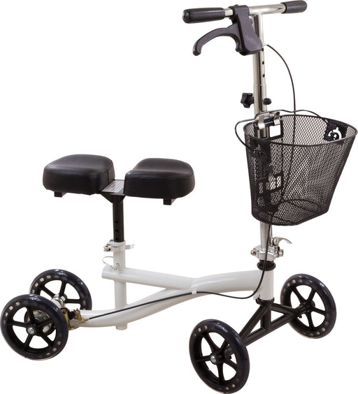 White knee scooter with black seat and basket on a white background