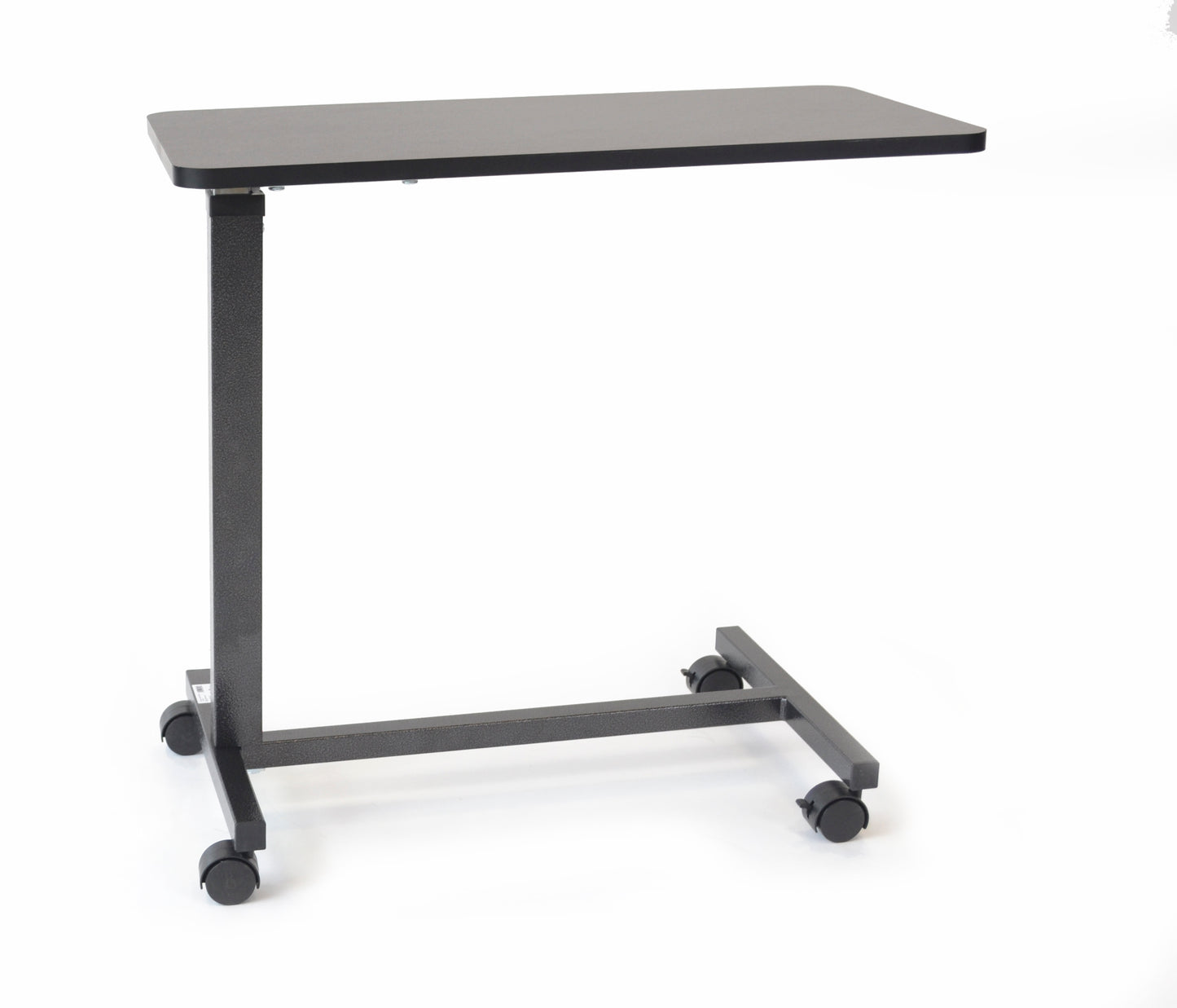 Adjustable height table with wheels on a white background