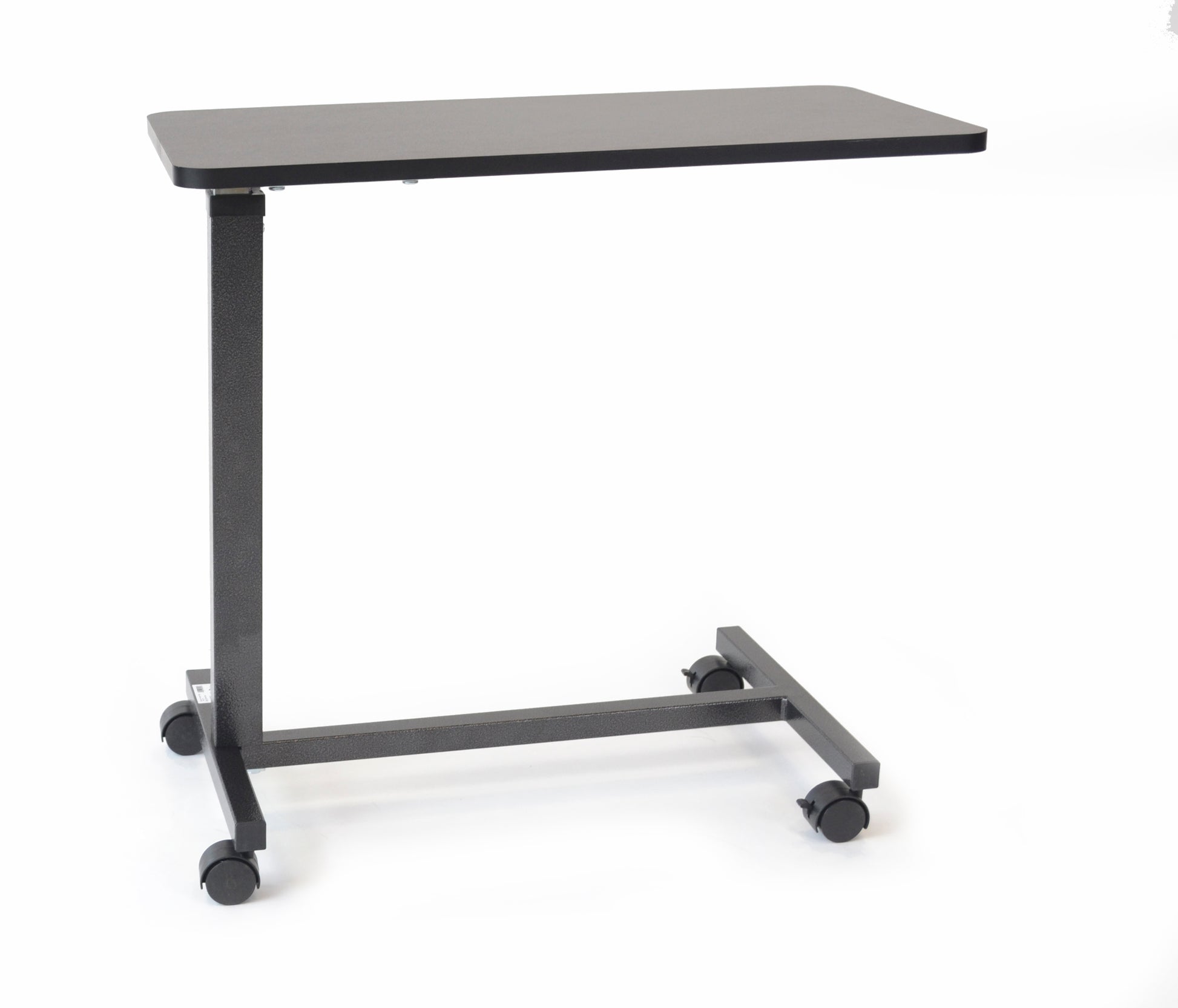 Adjustable height table with wheels on a white background