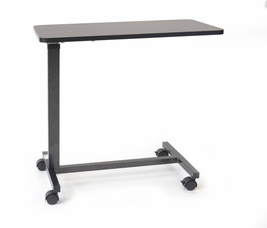 Adjustable height table with wheels on a white background