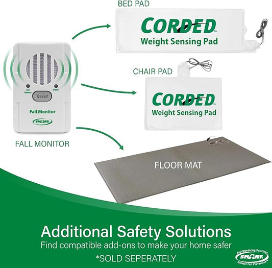 Safety monitoring system with fall monitor, corded weight sensing pads, and floor mat on a white background.