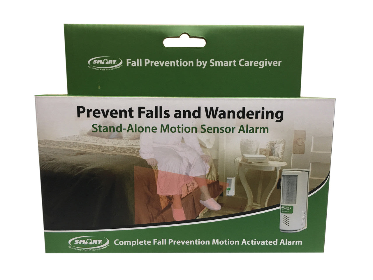 Package of a stand-alone motion sensor alarm for fall prevention by Smart Caregiver on a white background.