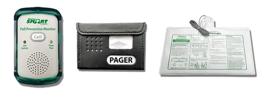 Set of safety equipment including a pager, cardholder, and information sheet on a white background