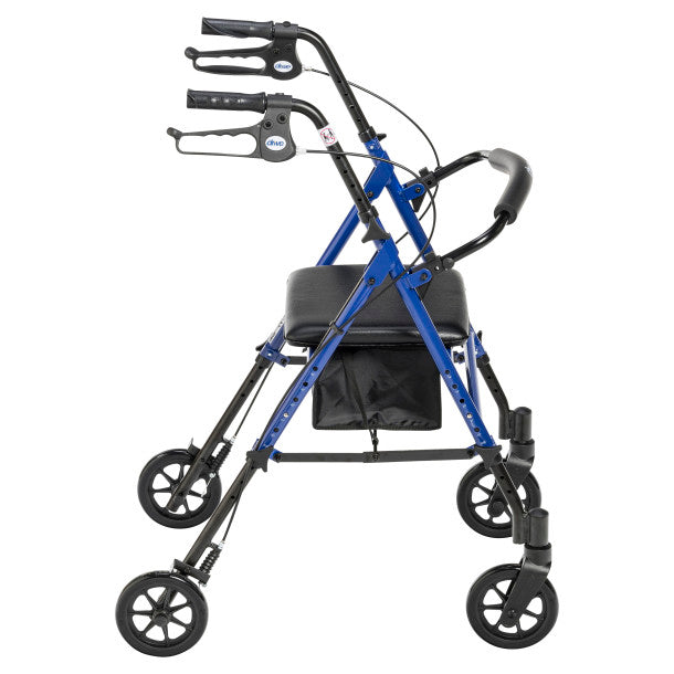 Blue and black walker with wheels on a white background