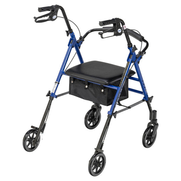 Blue and black walker with a seat on a white background