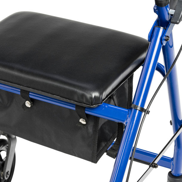 Black seat and storage bag on a blue bicycle frame