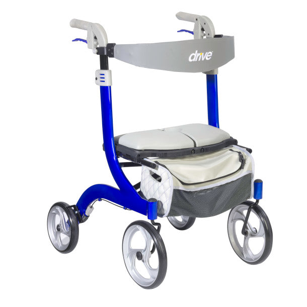 Blue and gray rollator with 'drive' branding on a white background