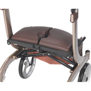 Wheelchair with brown seat and metal frame on a white background