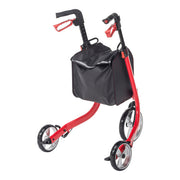 Red rollator with a black bag on a white background