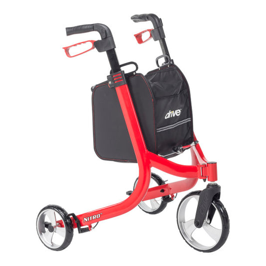 Red scooter with black bag on a white background