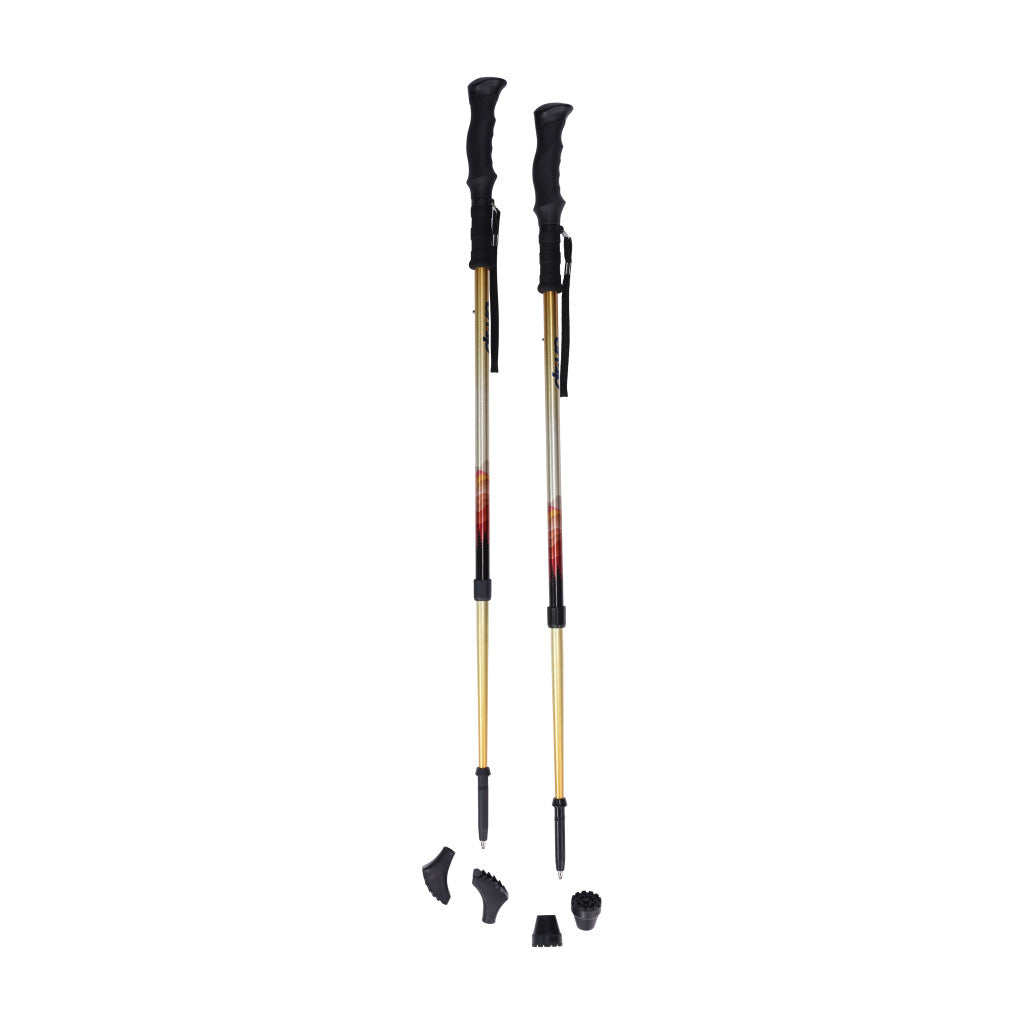 Two adjustable hiking sticks with black and gold design on a white background
