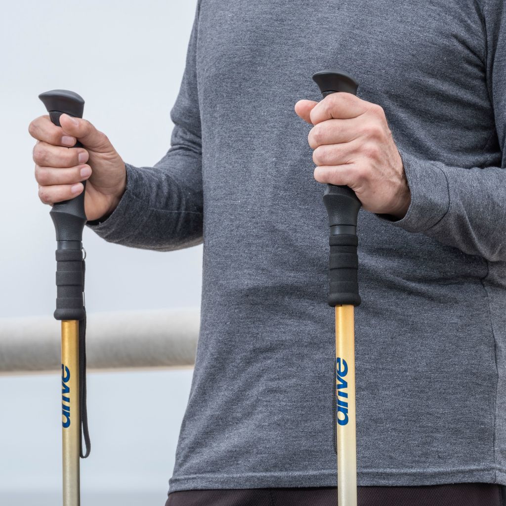 Person holding two hiking poles with 'Drive' branding against a blurred background
