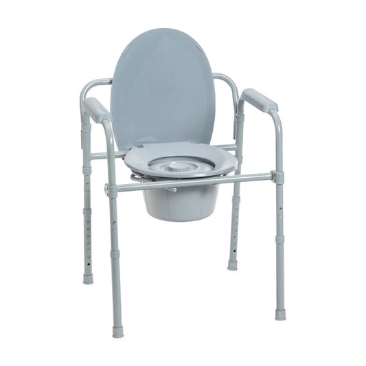 Gray commode chair with adjustable legs on a white background