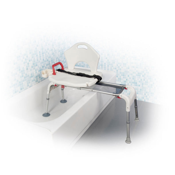 Bath transfer bench with seat and footrest on a white background