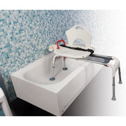 Bath support seat with adjustable legs on a bathtub against a mosaic tiled wall.