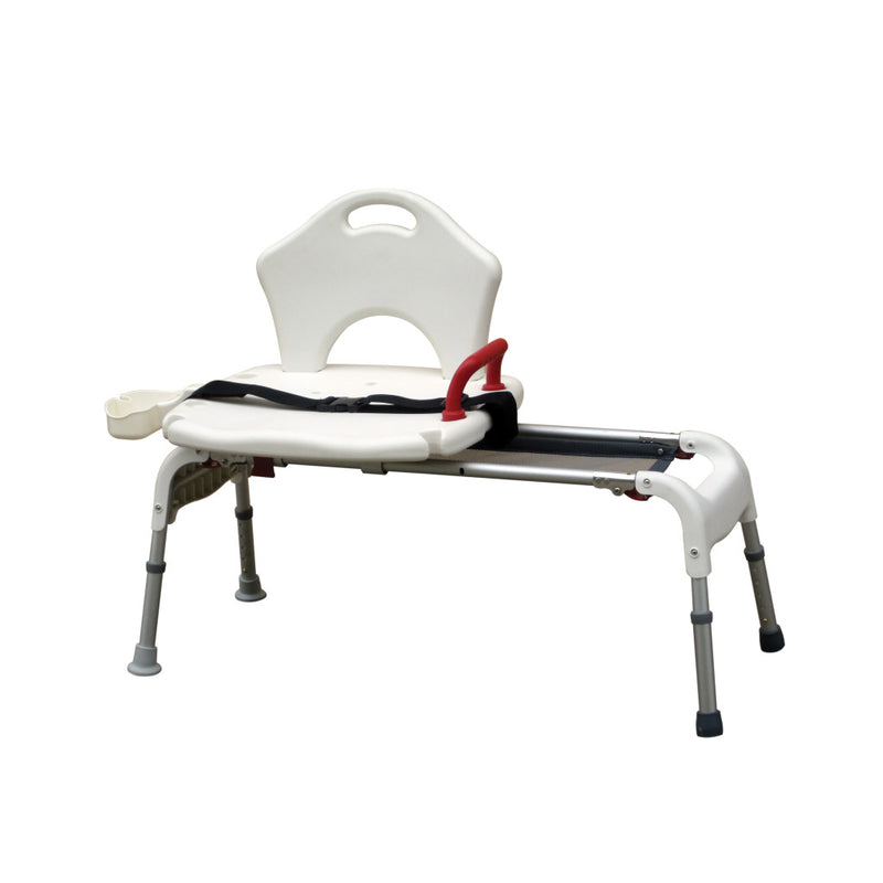 Medical transfer bench with straps on a white background