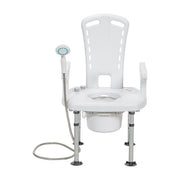 White shower chair with adjustable legs and handheld shower head on a white background
