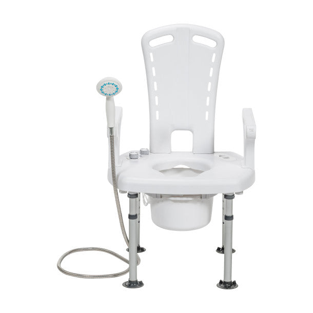 White shower chair with adjustable legs and handheld shower head on a white background