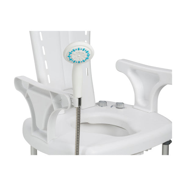 White shower chair with handheld shower head on a white background