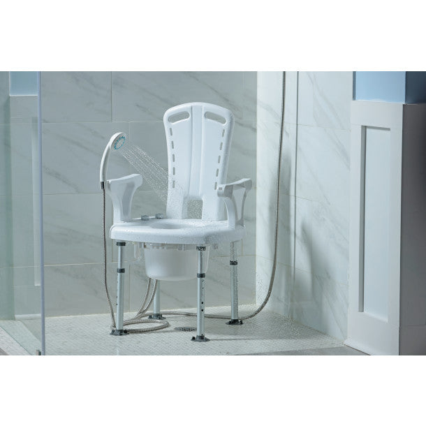 White shower commode chair with adjustable arms in a bathroom setting.