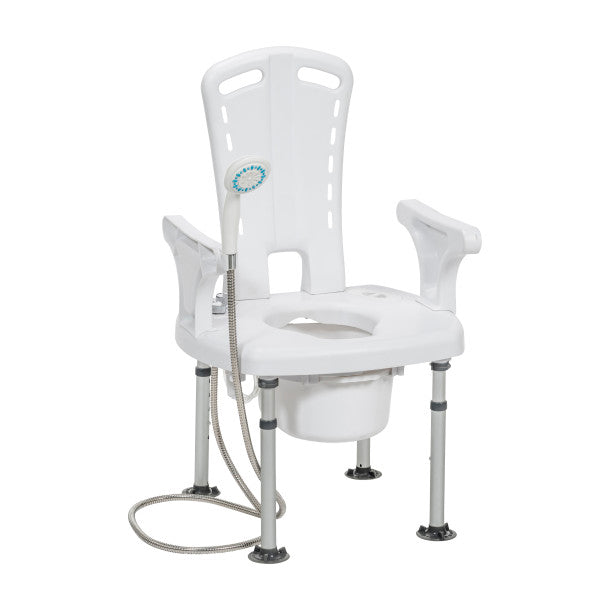 White commode chair with shower attachment on a white background