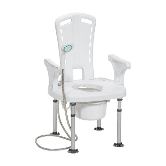 White commode chair with shower attachment on a white background