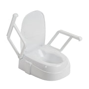 White toilet seat with armrests on a white background