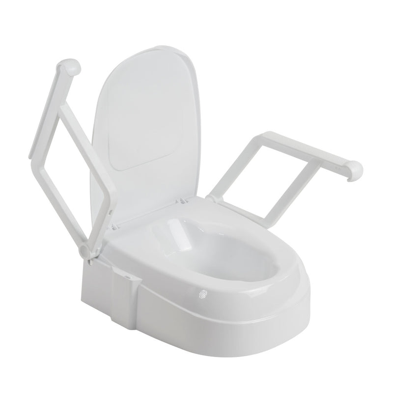 White toilet seat with armrests on a white background
