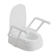 White raised toilet seat with a support handle on a white background