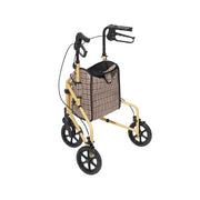 Beige walker with plaid bag on a white background