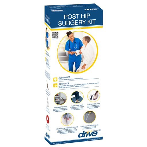 Box of a post hip surgery kit with medical imagery and text.