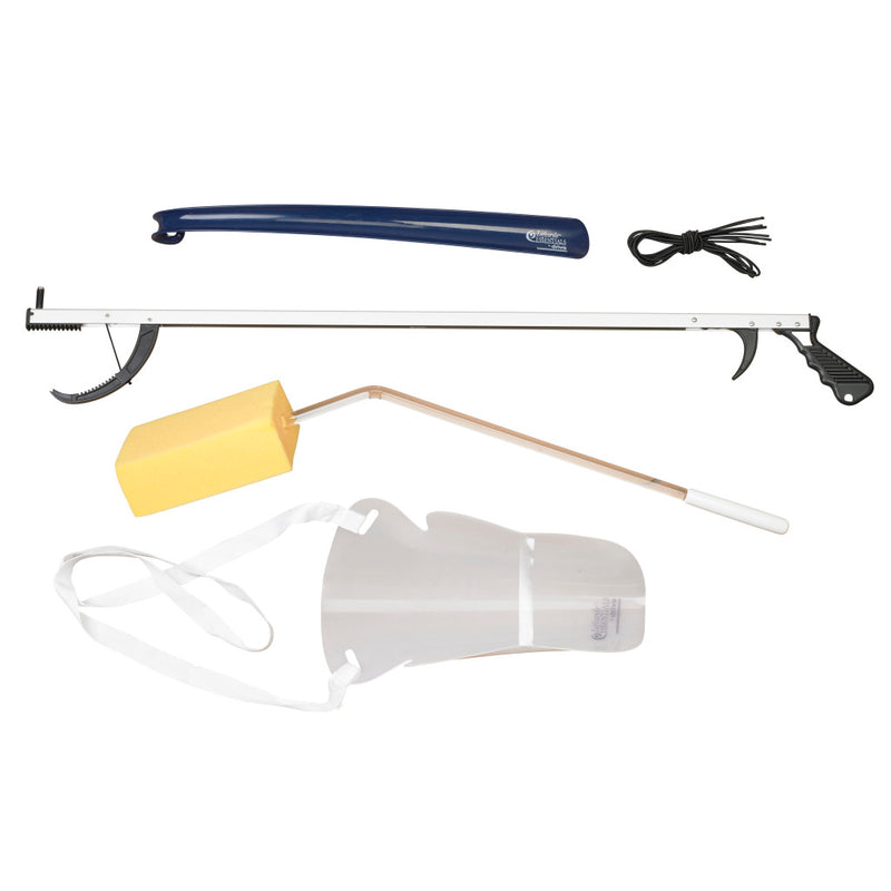 Set of cleaning tools including a brush, squeegee, and other accessories on a white background