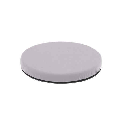 A round, light gray upholstered cushion or pad with a black base edge, shown on a plain white background.