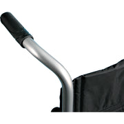 Close-up of a wheelchair handle with black grip on a white background